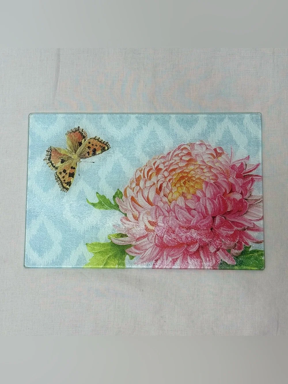 Pink Chrysanthemum Glass Cutting Board Butterfly Floral Kitchen Decor
